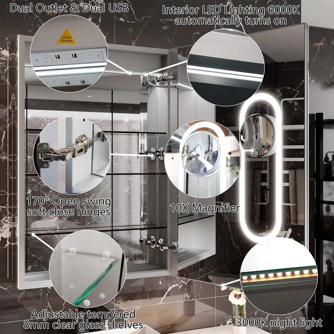 AAZJ EX11 24-in x 36-in Lighted LED Fog Free Surface/Recessed Mount Silver Mirrored Soft Close Medicine Cabinet with Outlet, photo 7 of 12