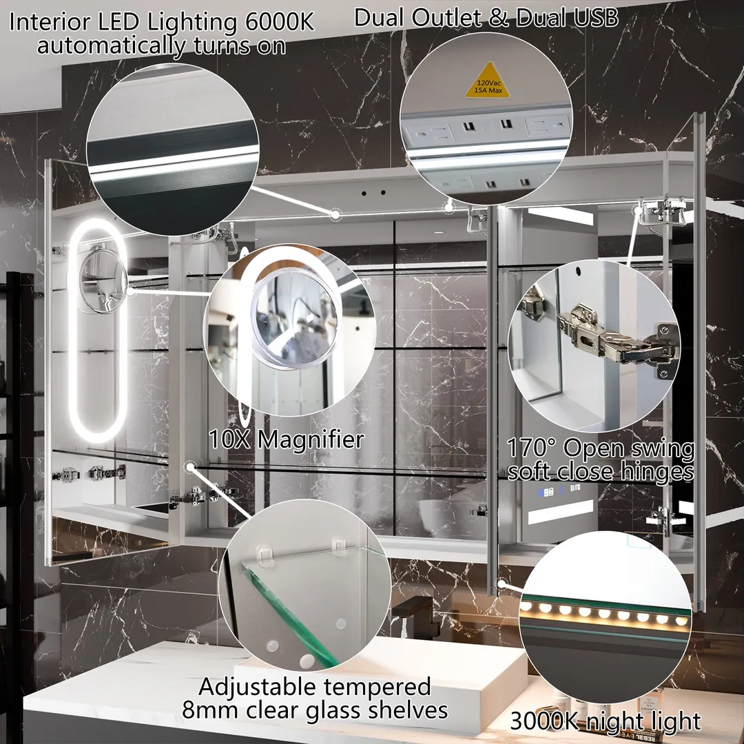 AAZJ EX11 48-in x 36-in Lighted LED Fog Free Surface/Recessed Mount Silver Mirrored Soft Close Medicine Cabinet with Outlet, photo 8 of 12
