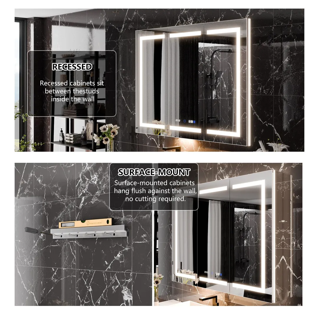 AAZJ EX11 48-in x 36-in Lighted LED Fog Free Surface/Recessed Mount Silver Mirrored Soft Close Medicine Cabinet with Outlet, photo 6 of 12