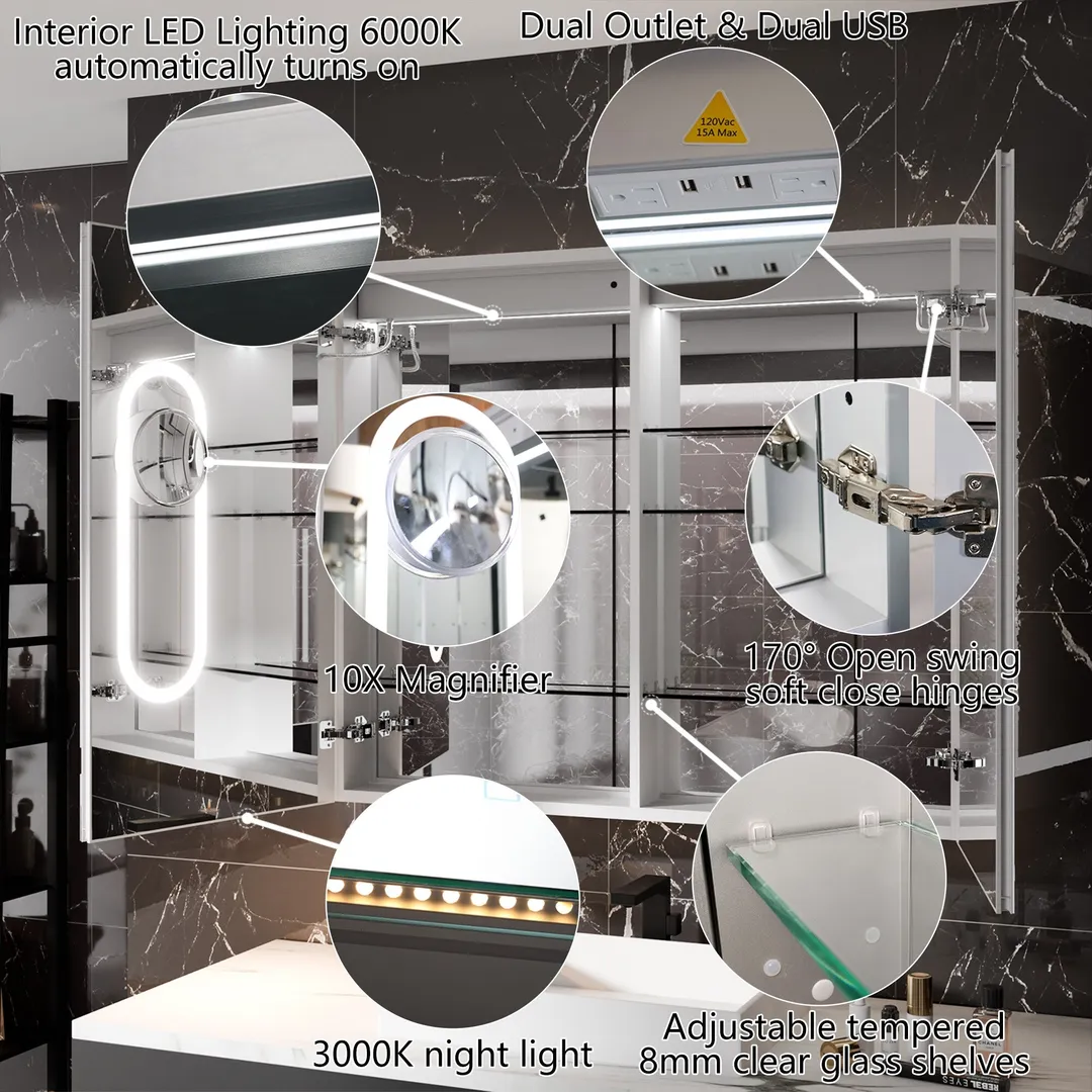 AAZJ EX11 42-in x 36-in Lighted LED Fog Free Surface/Recessed Mount Silver Mirrored Soft Close Medicine Cabinet with Outlet, photo 5 of 11