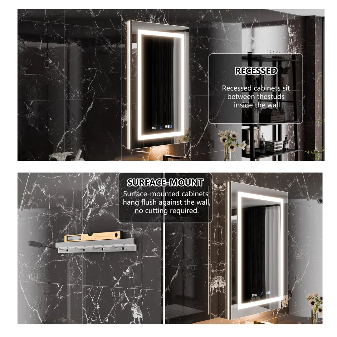 AAZJ EX11 24-in x 36-in Lighted LED Fog Free Surface/Recessed Mount Silver Mirrored Soft Close Medicine Cabinet with Outlet, photo 9 of 12