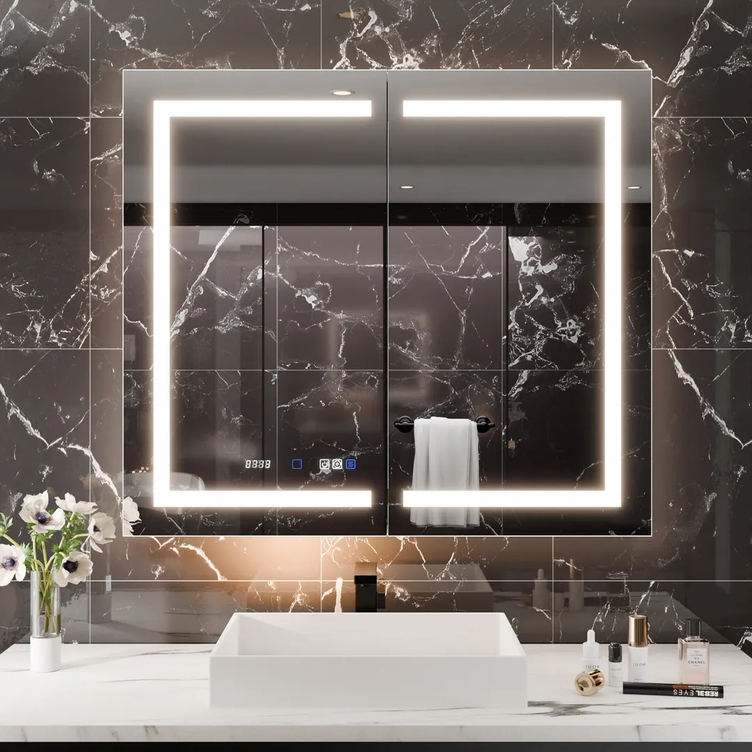 AAZJ EX11 42-in x 36-in Lighted LED Fog Free Surface/Recessed Mount Silver Mirrored Soft Close Medicine Cabinet with Outlet, photo 3 of 11