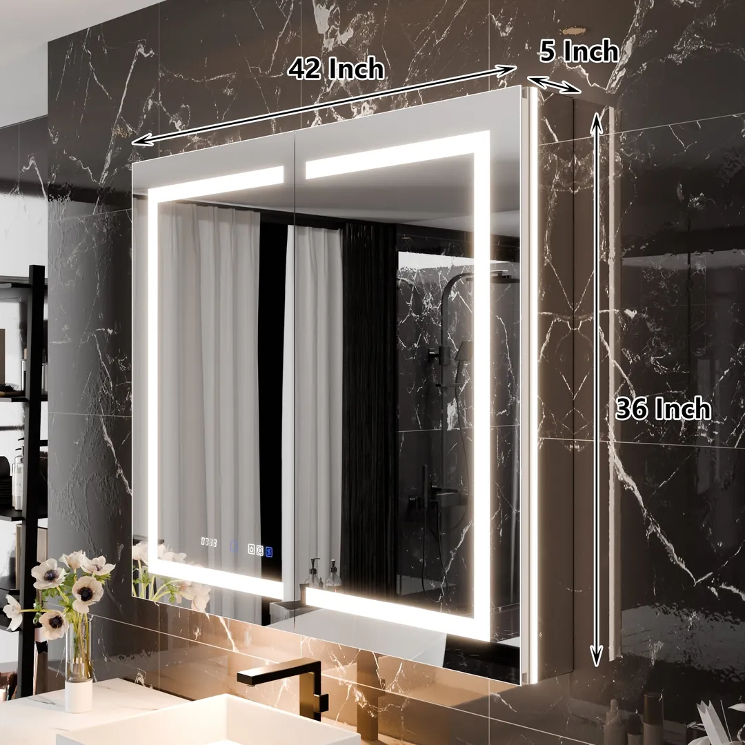 AAZJ EX11 42-in x 36-in Lighted LED Fog Free Surface/Recessed Mount Silver Mirrored Soft Close Medicine Cabinet with Outlet, photo 9 of 11
