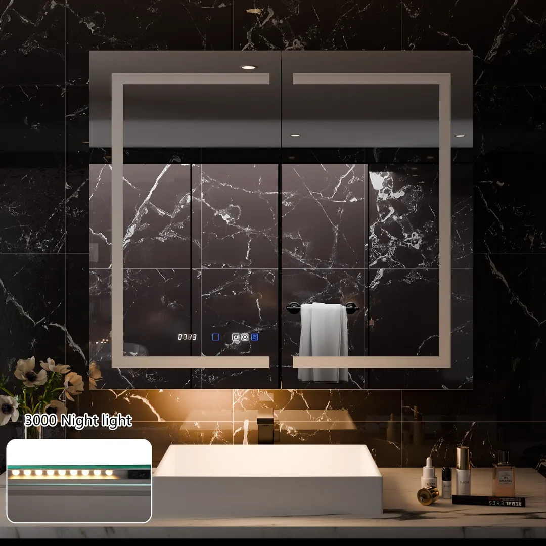 AAZJ EX11 42-in x 36-in Lighted LED Fog Free Surface/Recessed Mount Silver Mirrored Soft Close Medicine Cabinet with Outlet, photo 2 of 11