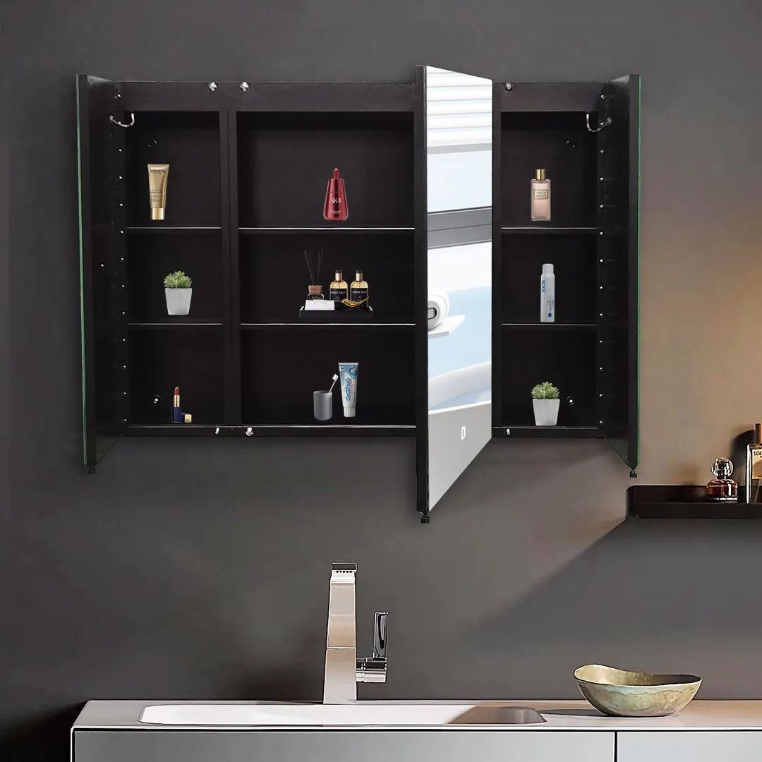 AAZJ AS 30-in x 26-in Lighted LED Fog Free Surface/Recessed Mount Black Mirrored Soft Close Medicine Cabinet, photo 7 of 8