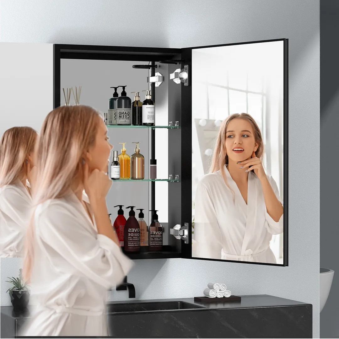 AAZJ 30-in x 20-in LED Fog Free Surface/Recessed Mount Black Mirrored Soft Close Medicine Cabinet, photo 9 of 14
