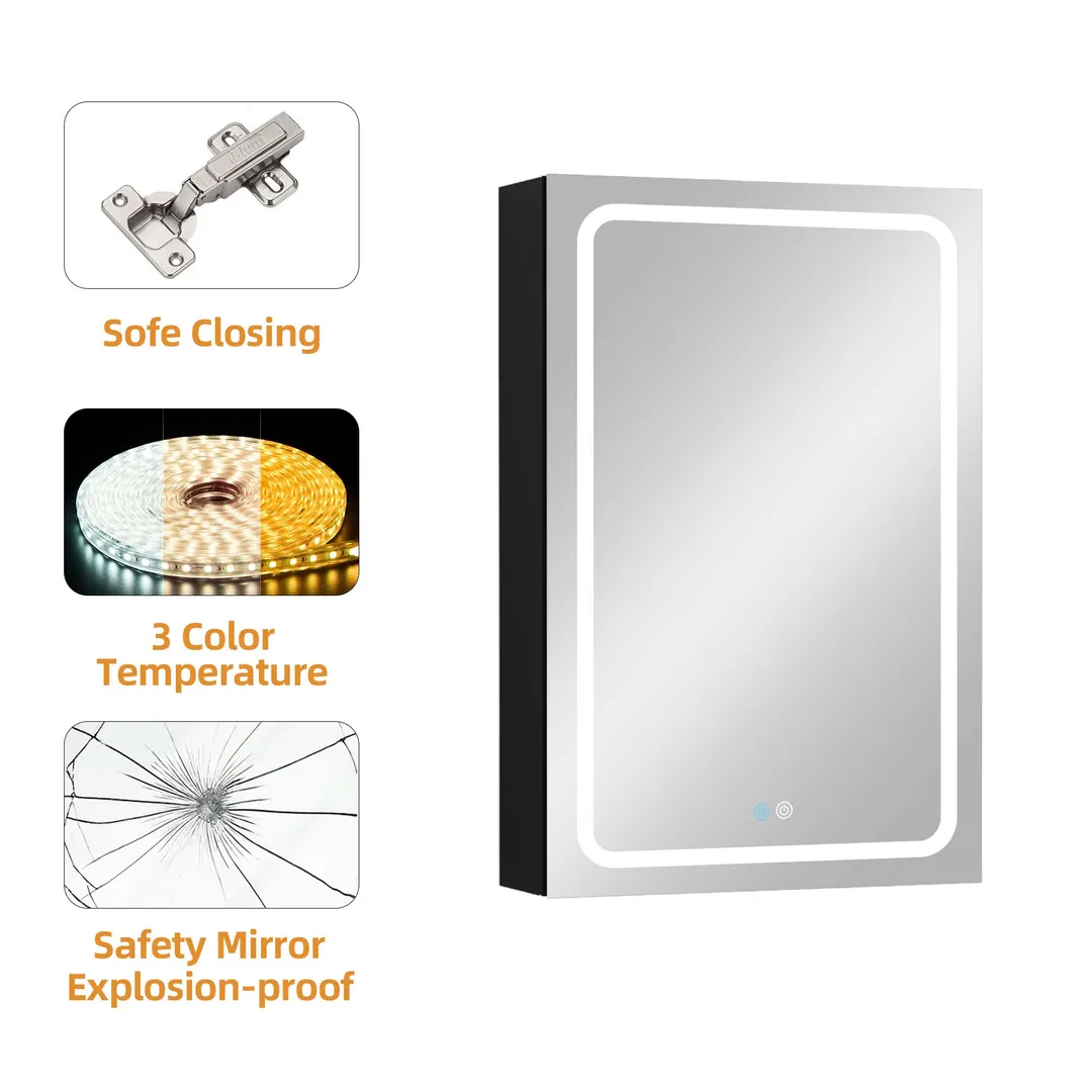 AAZJ 30-in x 20-in LED Fog Free Surface/Recessed Mount Black Mirrored Soft Close Medicine Cabinet, photo 3 of 5