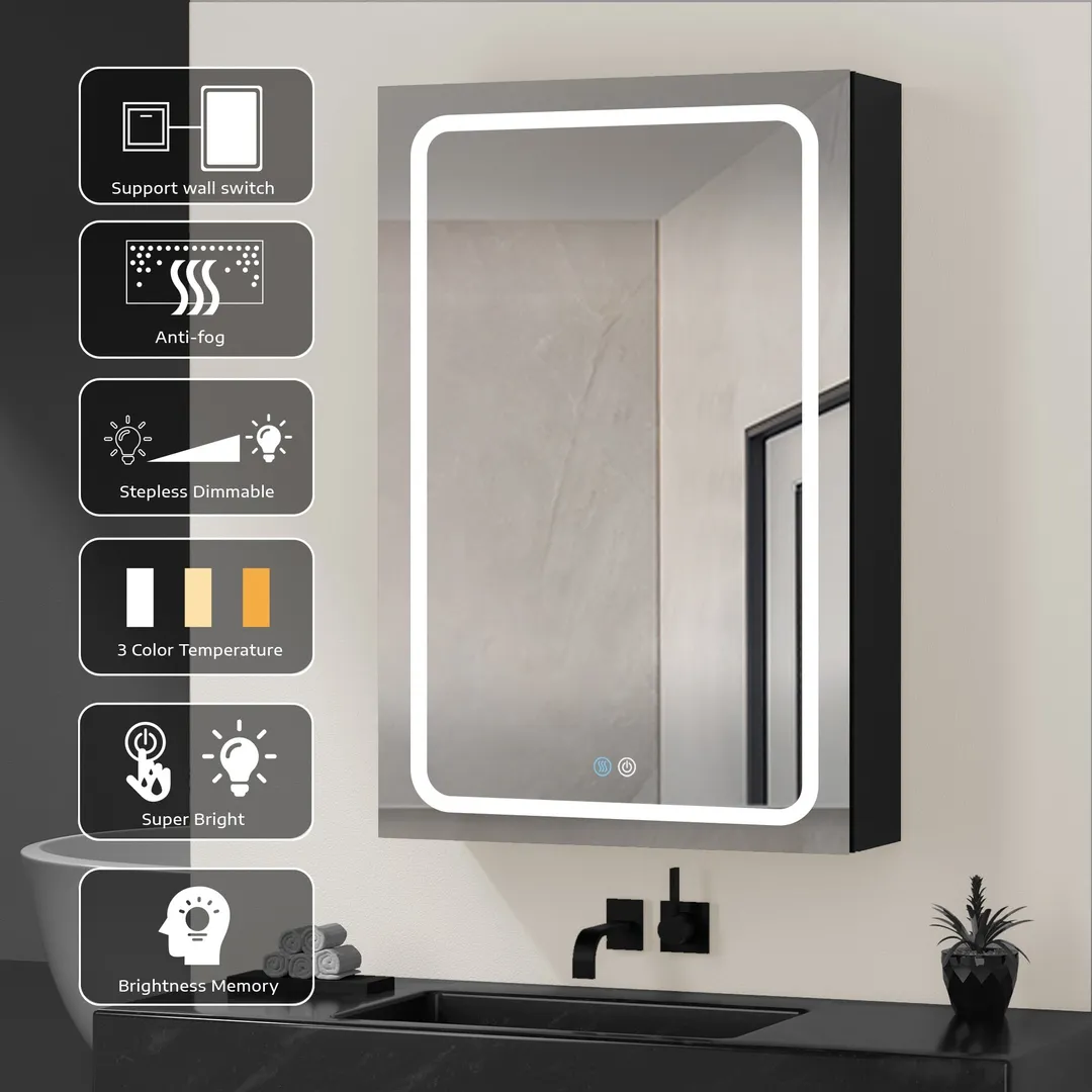 AAZJ 30-in x 20-in LED Fog Free Surface/Recessed Mount Black Mirrored Soft Close Medicine Cabinet, photo 2 of 5