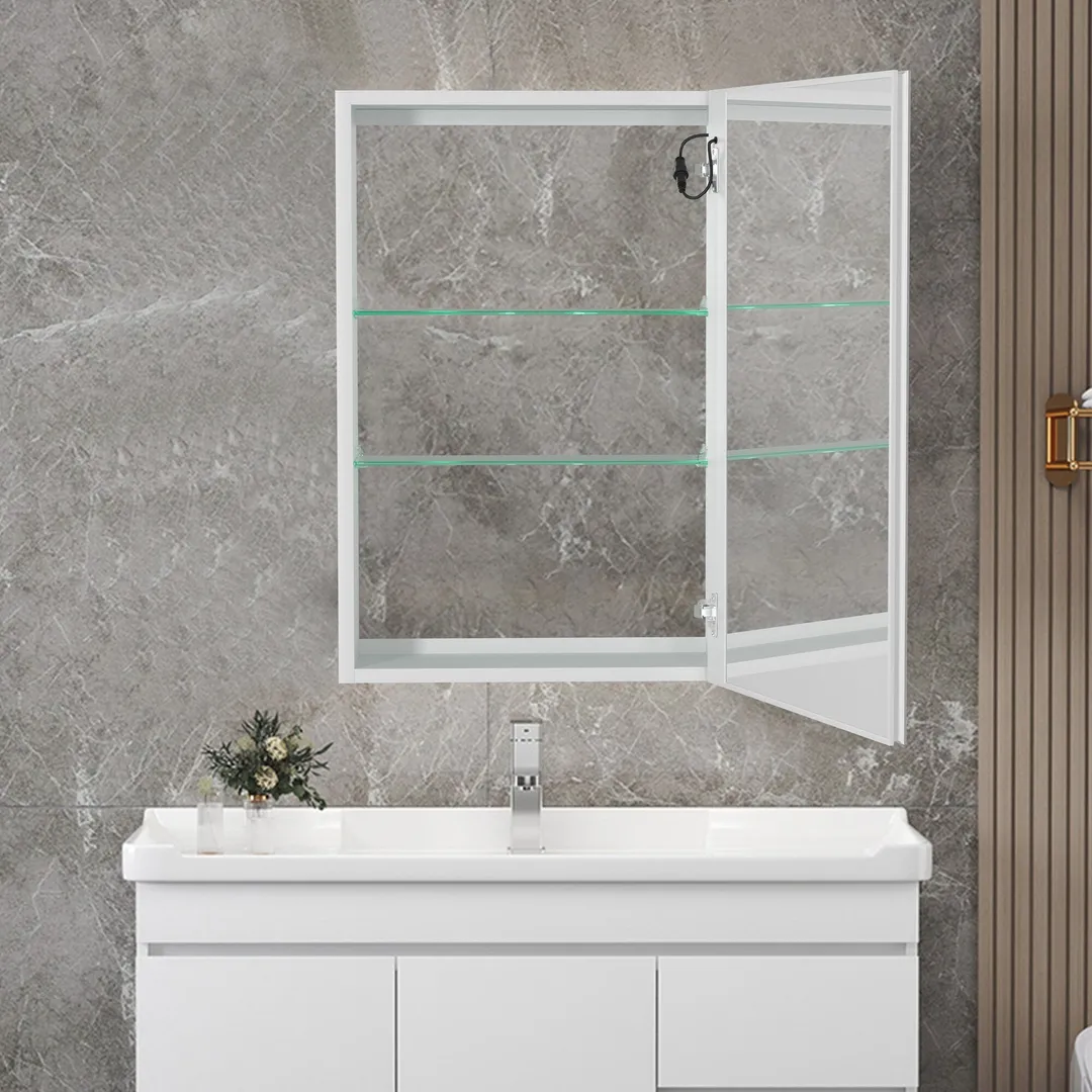 AAZJ 30-in x 20-in LED Fog Free Surface/Recessed Mount White Mirrored Soft Close Medicine Cabinet, photo 2 of 13