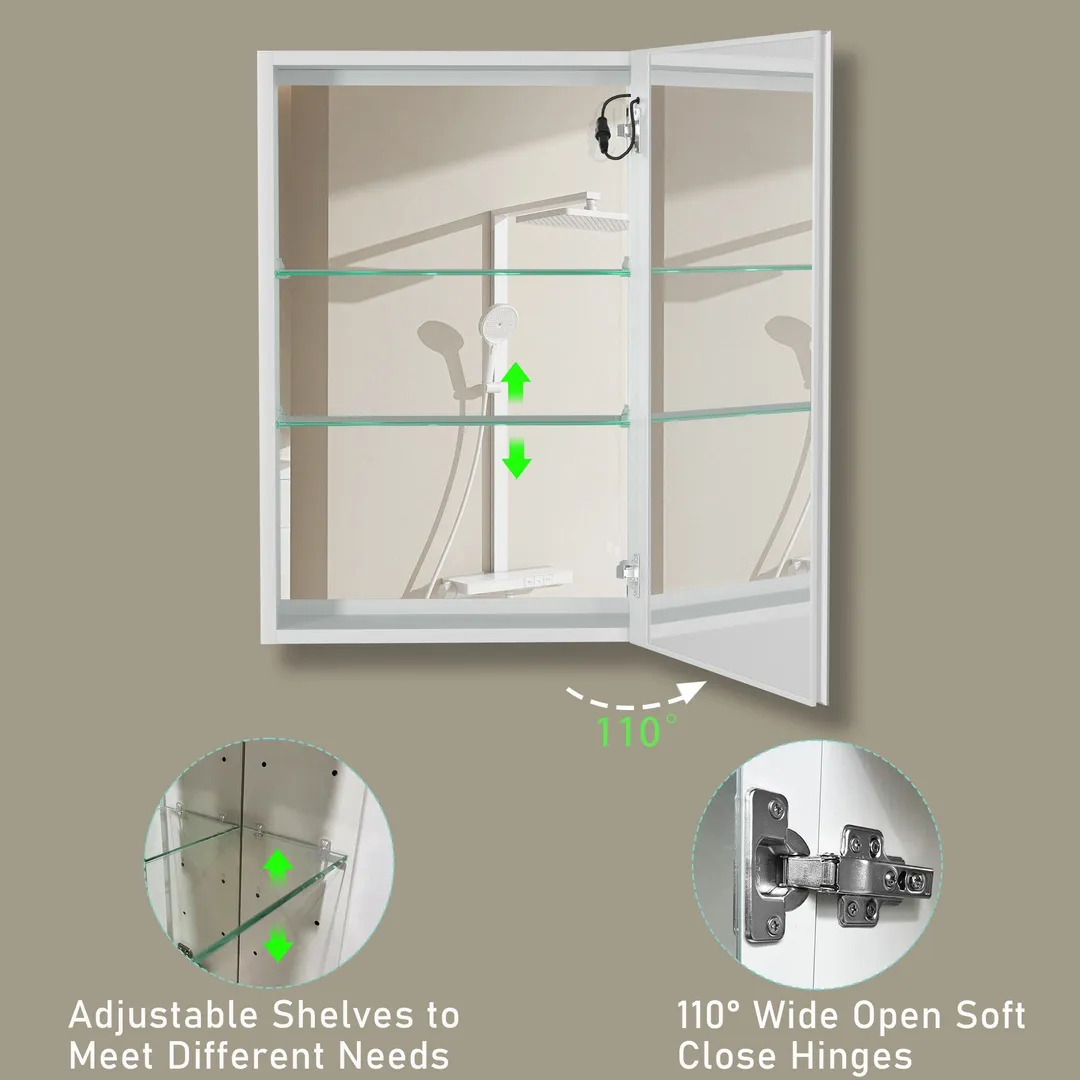 AAZJ 30-in x 20-in LED Fog Free Surface/Recessed Mount White Mirrored Soft Close Medicine Cabinet, photo 7 of 13