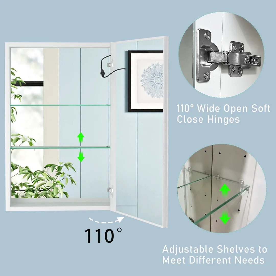 AAZJ 30-in x 20-in LED Fog Free Surface/Recessed Mount White Mirrored Soft Close Medicine Cabinet, photo 5 of 8