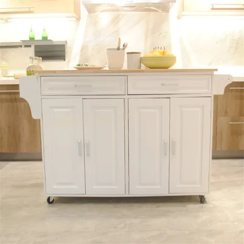 White Mdf Base with Wood Top Rolling Kitchen Island