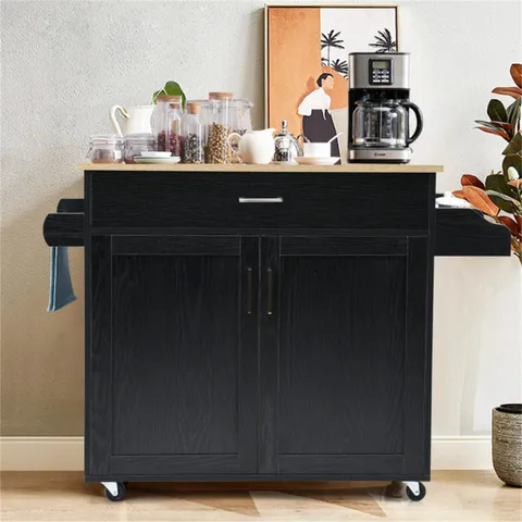 Black Mdf Base with Wood Top Rolling Kitchen Island