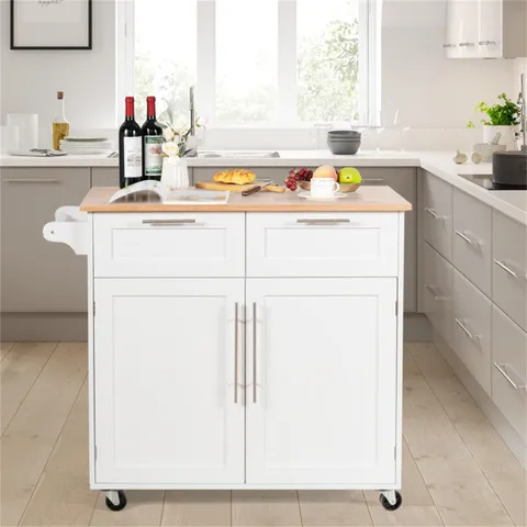 White Mdf Base with Wood Top Rolling Kitchen Island (18 × 37 in)