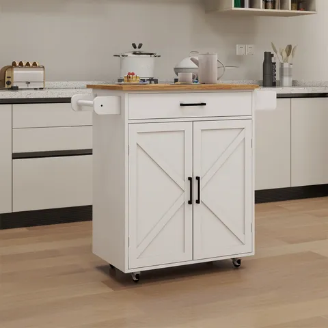 White Mdf Base with Wood Top Rolling Kitchen Island