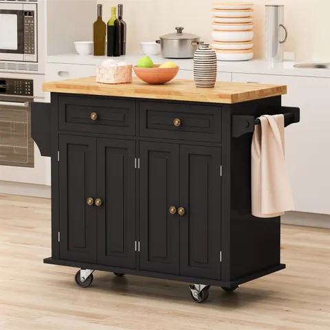 Black Mdf Base with Wood Top Rolling Kitchen Island