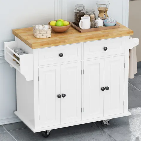 White Mdf Base with Wood Top Rolling Kitchen Island