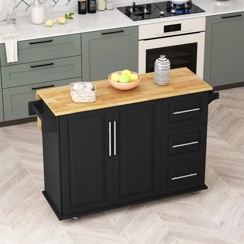 Black Mdf Base with Wood Top Rolling Kitchen Island