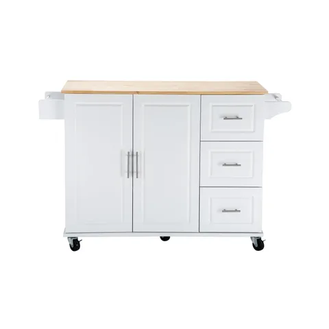 White Mdf Base with Wood Top Rolling Kitchen Island