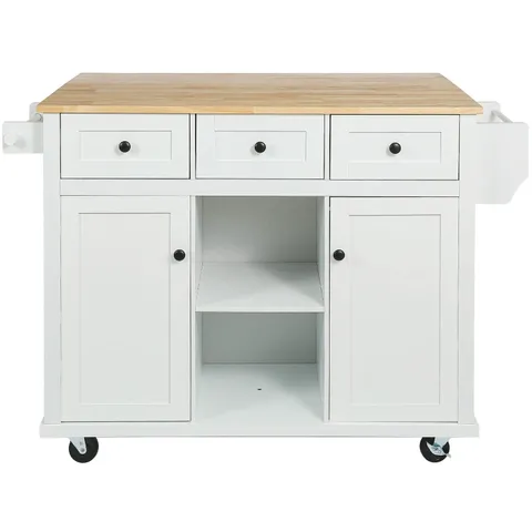 White Mdf Base with Wood Top Rolling Kitchen Island