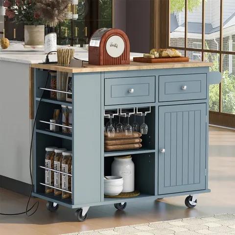 Blue Mdf Base with Wood Top Rolling Kitchen Island