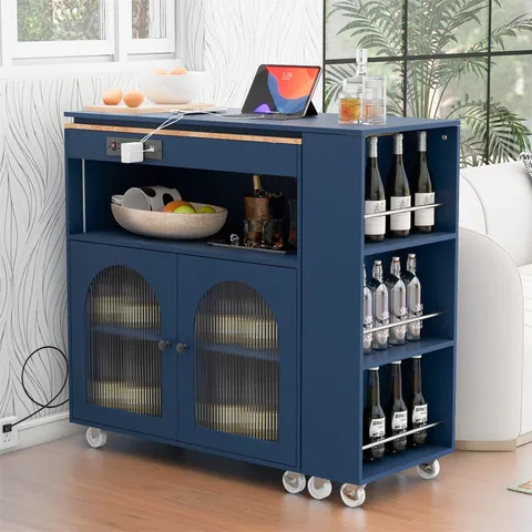 Blue Mdf Base with Wood Top Rolling Kitchen Island