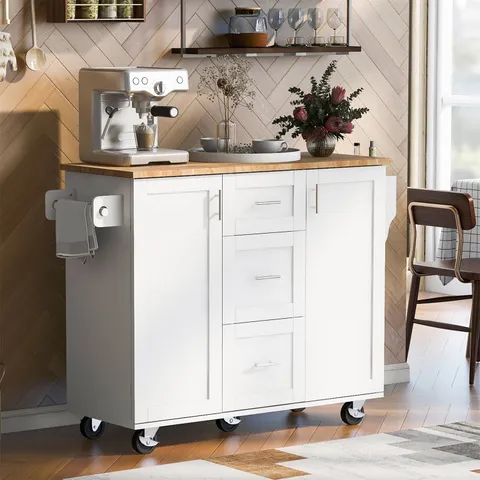 White Mdf Base with Wood Top Rolling Kitchen Island