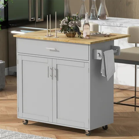 Gray Mdf Base with Wood Top Rolling Kitchen Island