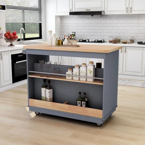 Gray Mdf Base with Wood Top Rolling Kitchen Island