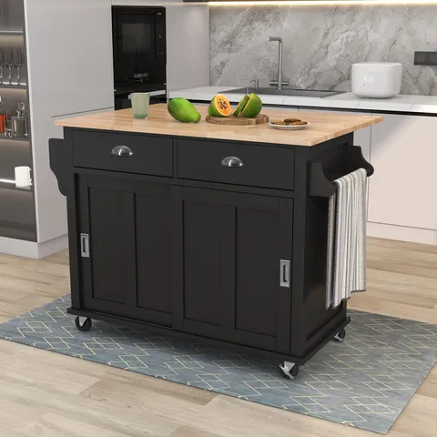 Black Mdf Base with Wood Top Rolling Kitchen Island
