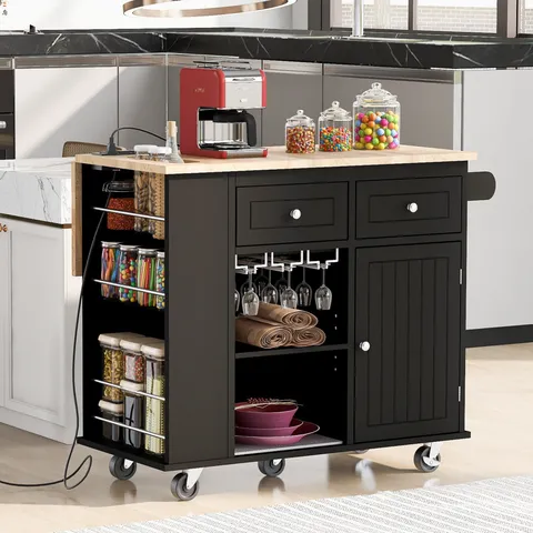 Black Mdf Base with Wood Top Rolling Kitchen Island