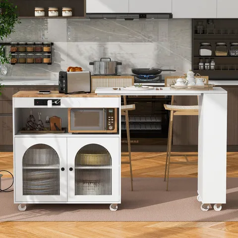 White Mdf Base with Wood Top Rolling Kitchen Island