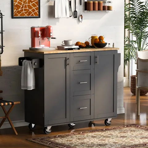 Black Mdf Base with Wood Top Rolling Kitchen Island