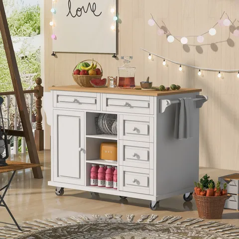 White Mdf Base with Wood Top Rolling Kitchen Island