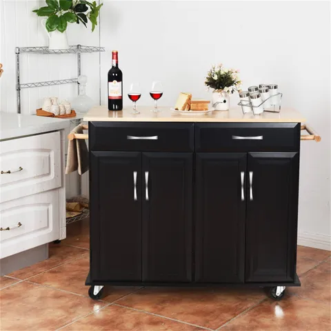 Black Mdf Base with Wood Top Rolling Kitchen Island