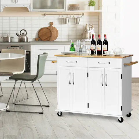 White Mdf Base with Wood Top Rolling Kitchen Island