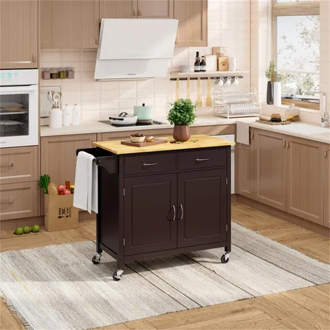 Brown Mdf Base with Wood Top Rolling Kitchen Island