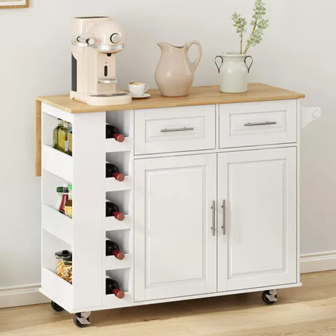 White Mdf Base with Wood Top Rolling Kitchen Island