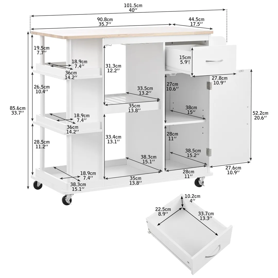 CESICIA White Wood Base with Wood Top Rolling Kitchen Island (17.5-in x 40-in x 33.7-in), photo 6 of 20