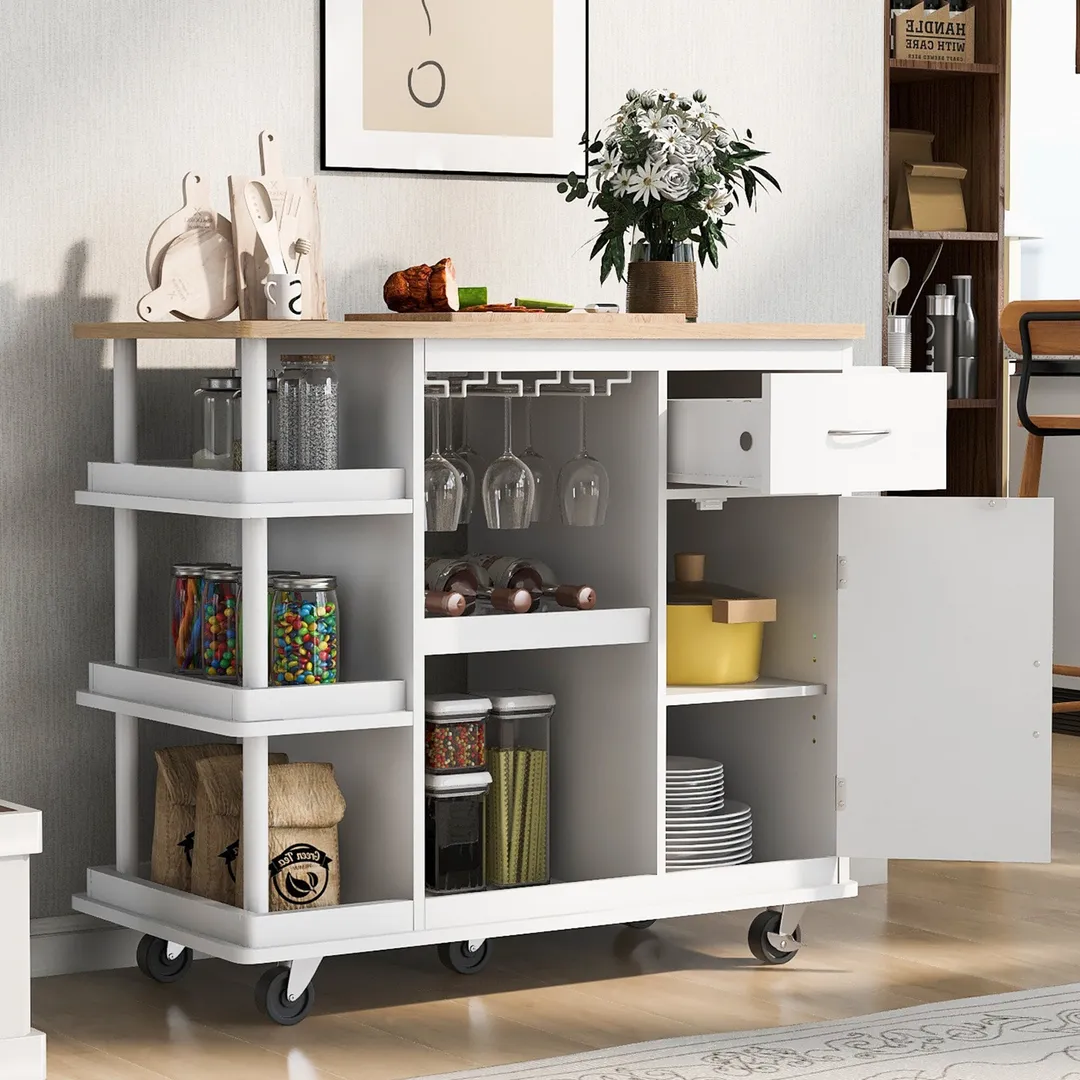 CESICIA White Wood Base with Wood Top Rolling Kitchen Island (17.5-in x 40-in x 33.7-in), photo 11 of 20