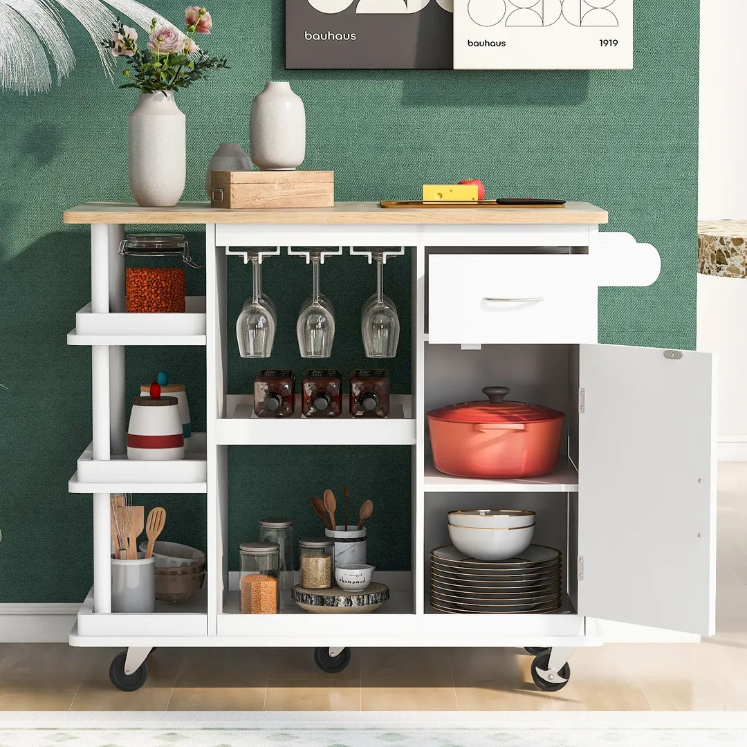 CESICIA White Wood Base with Wood Top Rolling Kitchen Island (17.5-in x 40-in x 33.7-in), photo 10 of 20