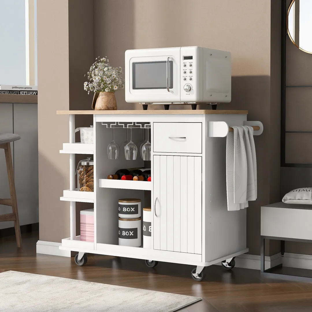 CESICIA White Wood Base with Wood Top Rolling Kitchen Island (17.5-in x 40-in x 33.7-in), photo 9 of 20