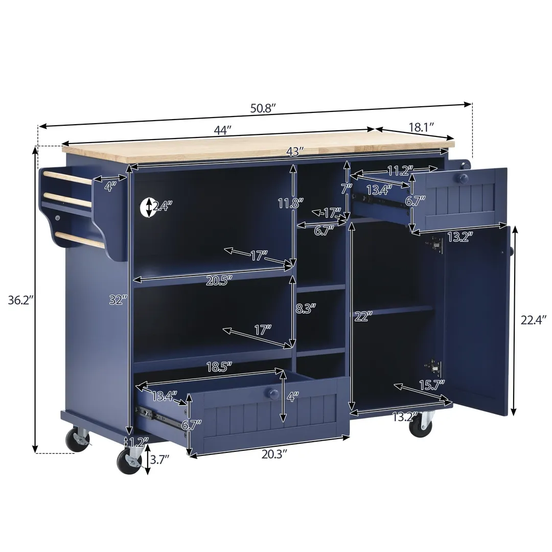 CESICIA Blue Wood Base with Wood Top Rolling Kitchen Island (18.1-in x 50.8-in x 36.2-in), photo 5 of 5