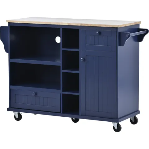 Blue Wood Base with Wood Top Rolling Kitchen Island