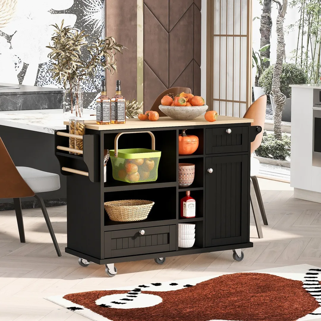 CESICIA Black Wood Base with Wood Top Rolling Kitchen Island (18.1-in x 50.8-in x 36.2-in), photo 6 of 20