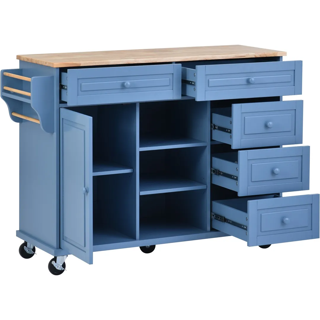 CESICIA Blue Wood Base with Wood Top Rolling Kitchen Island (18.1-in x 52.8-in x 36.2-in), photo 2 of 12