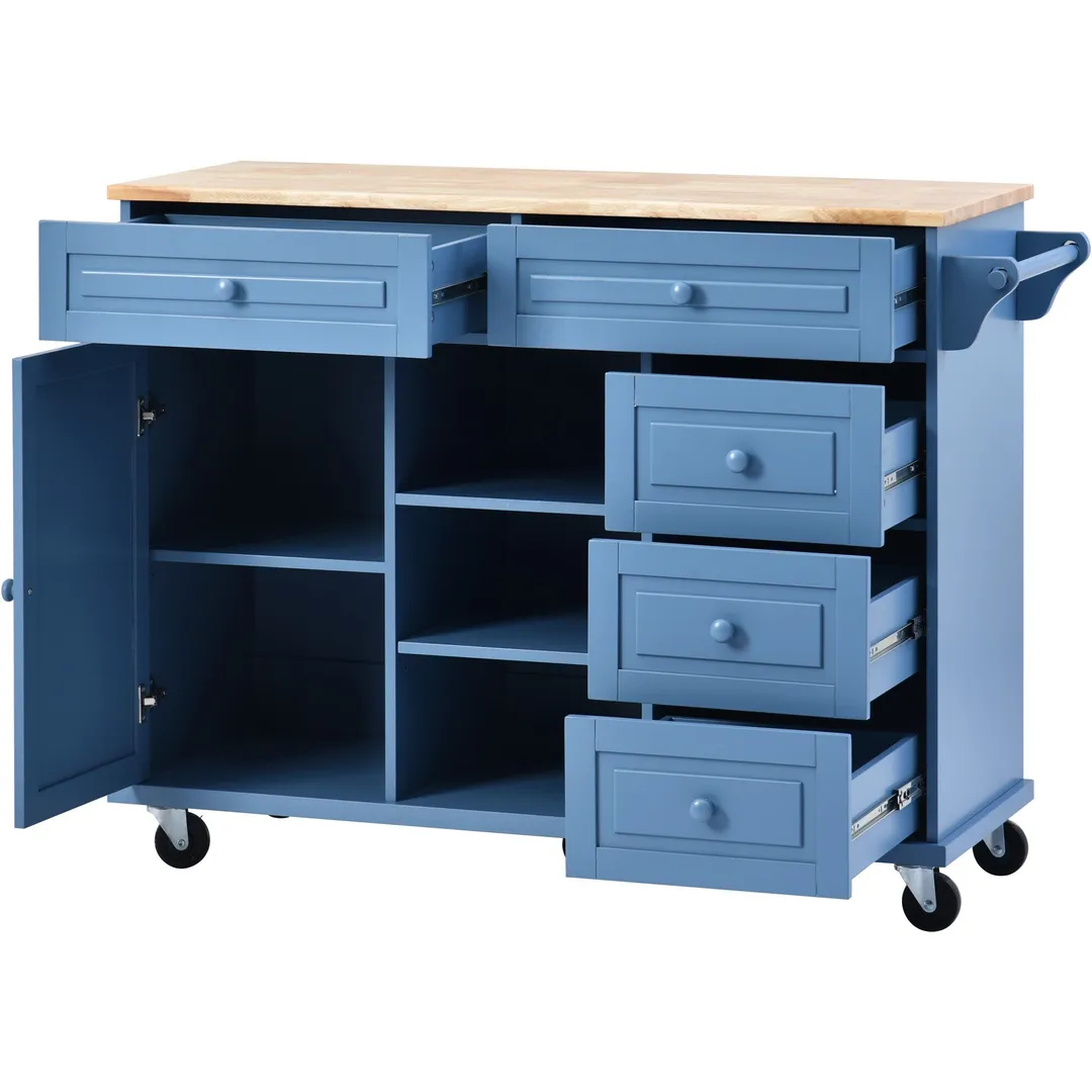 CESICIA Blue Wood Base with Wood Top Rolling Kitchen Island (18.1-in x 52.8-in x 36.2-in), photo 3 of 12