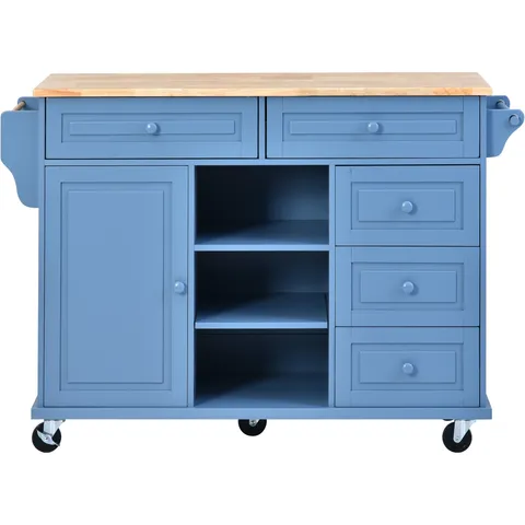 Blue Wood Base with Wood Top Rolling Kitchen Island