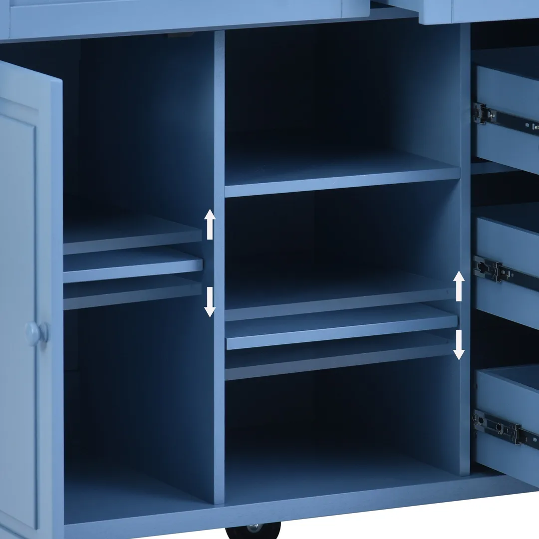 CESICIA Blue Wood Base with Wood Top Rolling Kitchen Island (18.1-in x 52.8-in x 36.2-in), photo 8 of 12