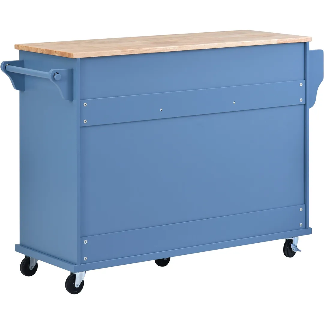 CESICIA Blue Wood Base with Wood Top Rolling Kitchen Island (18.1-in x 52.8-in x 36.2-in), photo 6 of 12